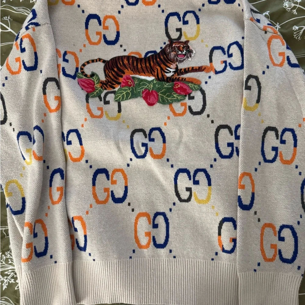 Gucci Cream Cardigan with Green Trim and Multicolor GG Print - Picture 2 of 3